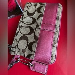 Coach Pink & Brown Signature Wristlet Case